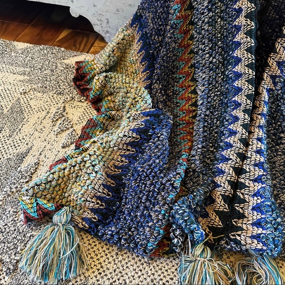 New Bohemian Loom Moroccan Knit Tasseled Blue Poncho Cardigan Sweater - Picture 8 of 11